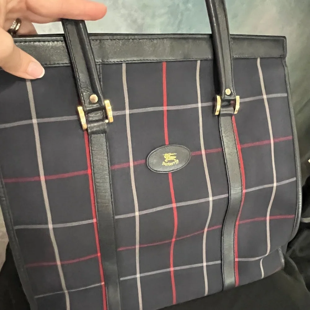 Burberrys Vintage Navy Check Canvas Leather Tote Bag Made in England‎ Prorsum